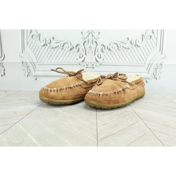 LL Bean Kid's Brown Wicked Good Moccasins Suede Shearling Lined Slippers Size 1 - Picture 2 of 9
